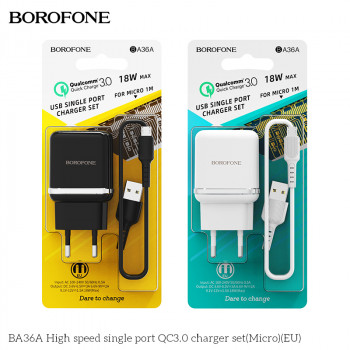 Адаптер сетевой Borofone Quick Charger BA36A 3A+Usb cable Micro