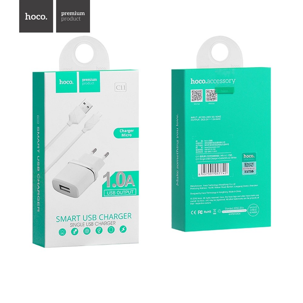 Адаптер сетевой Hoco Premium Product C11 1A+Usb cable (Lightning)белый